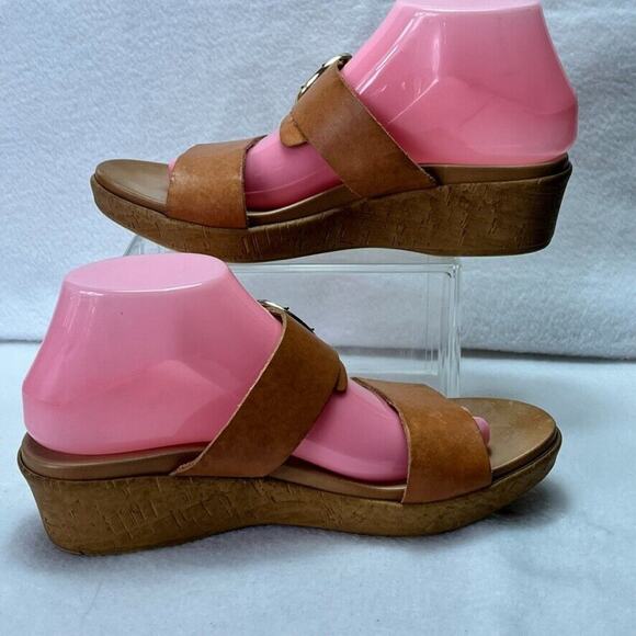 Mariella Wedge Slide Sandals Womens 8 Tan Leather Open Toe Buckle Made In Italy - Picture 7 of 12